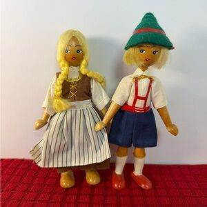 1950s Vintage Polish Wooden Peg Dolls Folk Art Hand Painted Made in Poland 8”